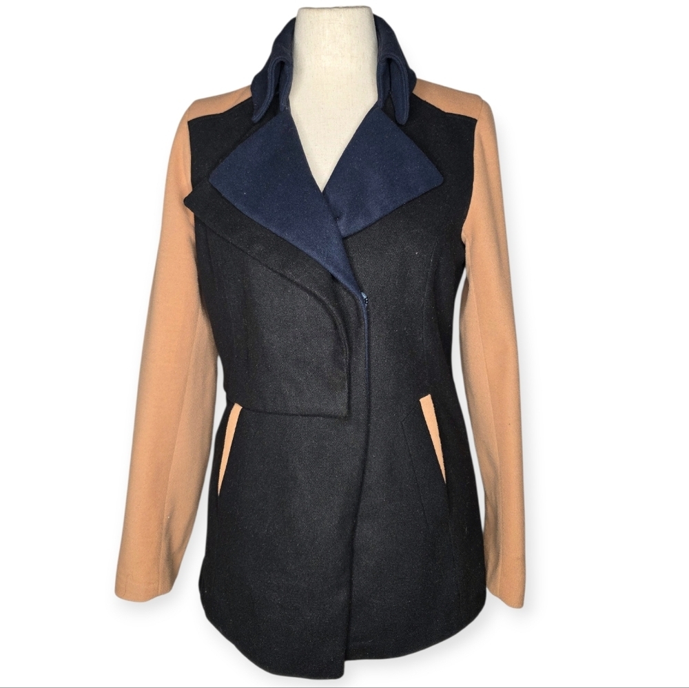 GB Gianni Bini Navy Camel Colorblock Wool Blend Coat Jacket Womens L